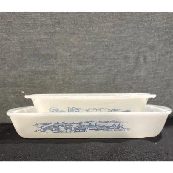 Vintage Glasbake Milk Glass Rectangular Baking Dishes With Blue Farm Scene - Picture 3 of 16